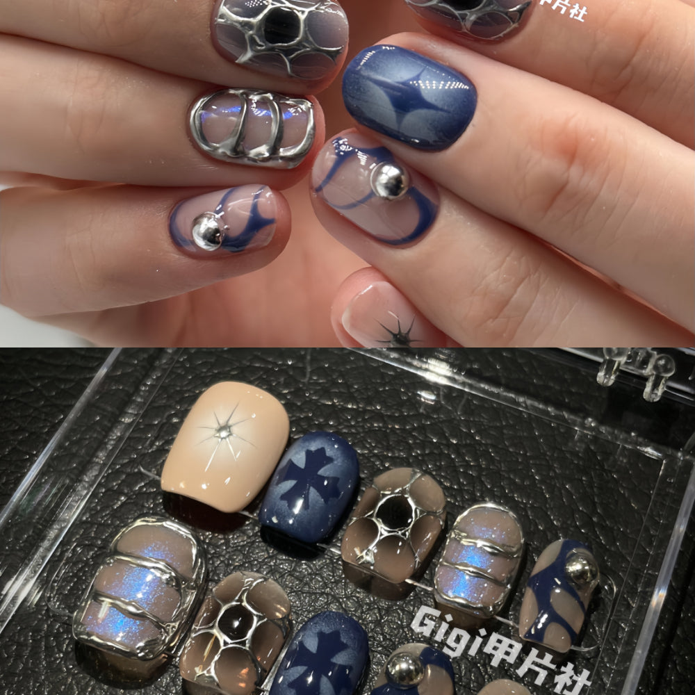 【Custom】 Blue & Brown Chrome Heart False Nails
