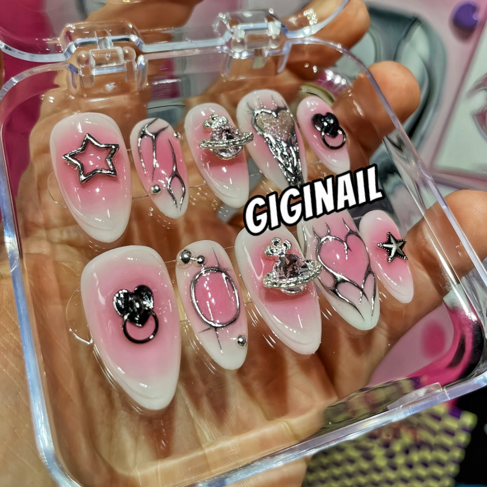 【Custom】Pink 3D Planet & Stars| Airbrush Patch False Nails