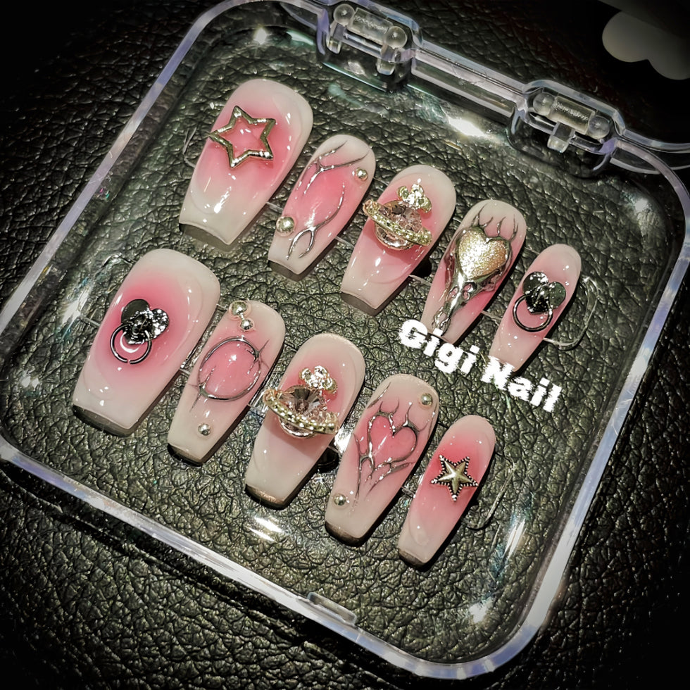 【Custom】Pink 3D Planet & Stars| Airbrush Patch False Nails