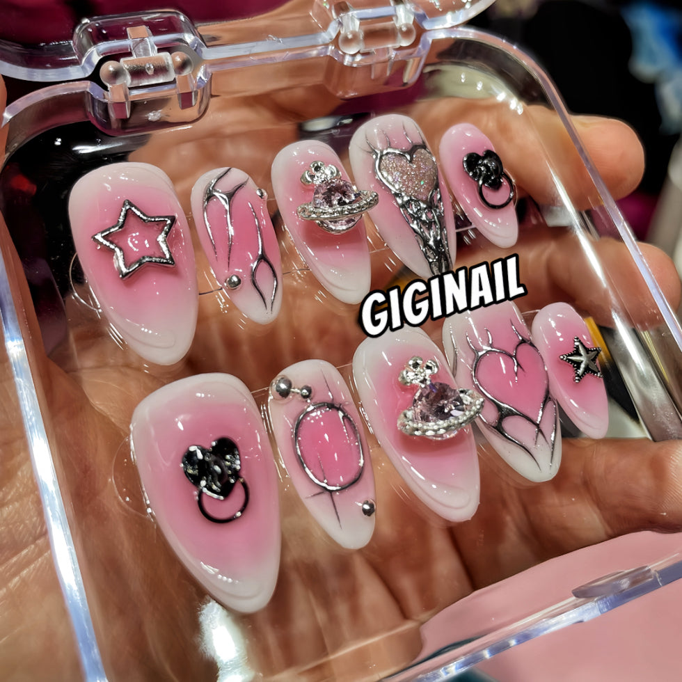 【Custom】Pink 3D Planet & Stars| Airbrush Patch False Nails