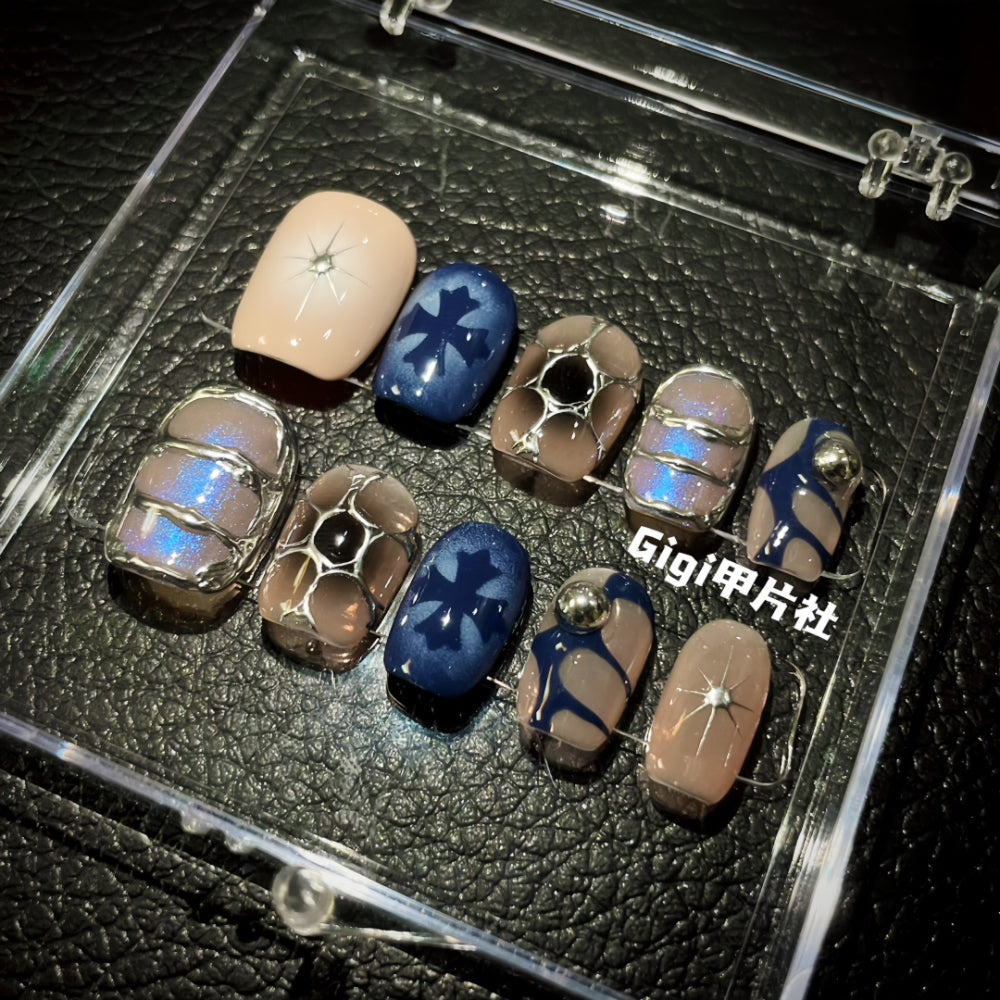 【Custom】 Blue & Brown Chrome Heart False Nails