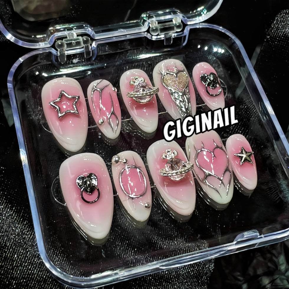 【Custom】Pink 3D Planet & Stars| Airbrush Patch False Nails