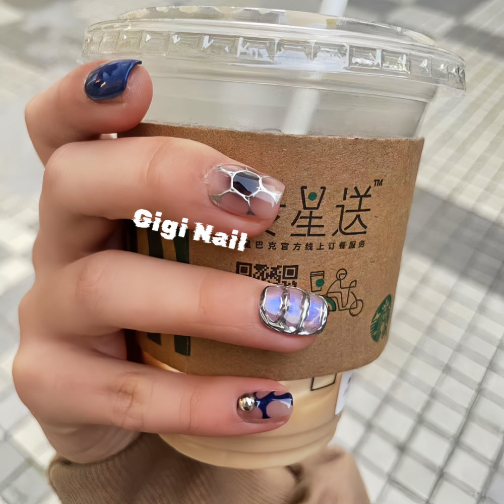 【Custom】 Blue & Brown Chrome Heart False Nails