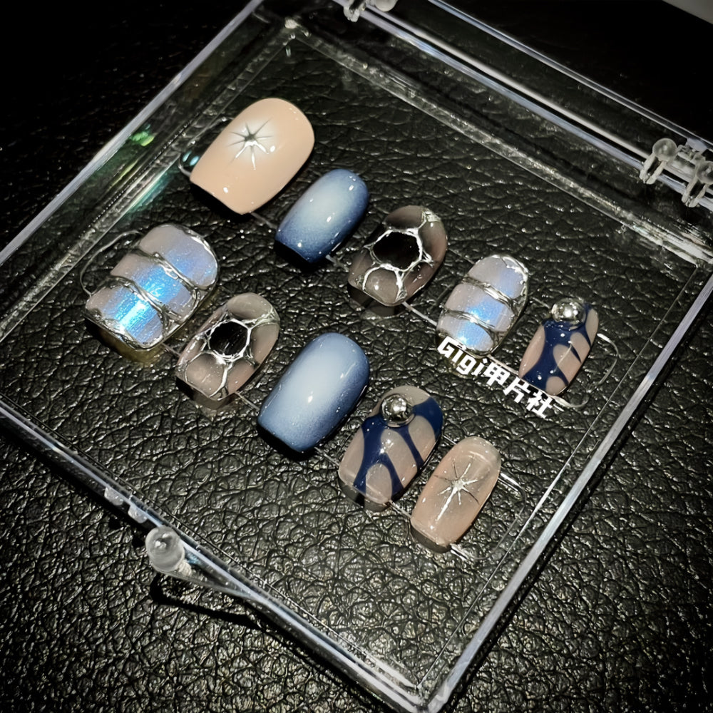 【Custom】 Blue & Brown Chrome Heart False Nails