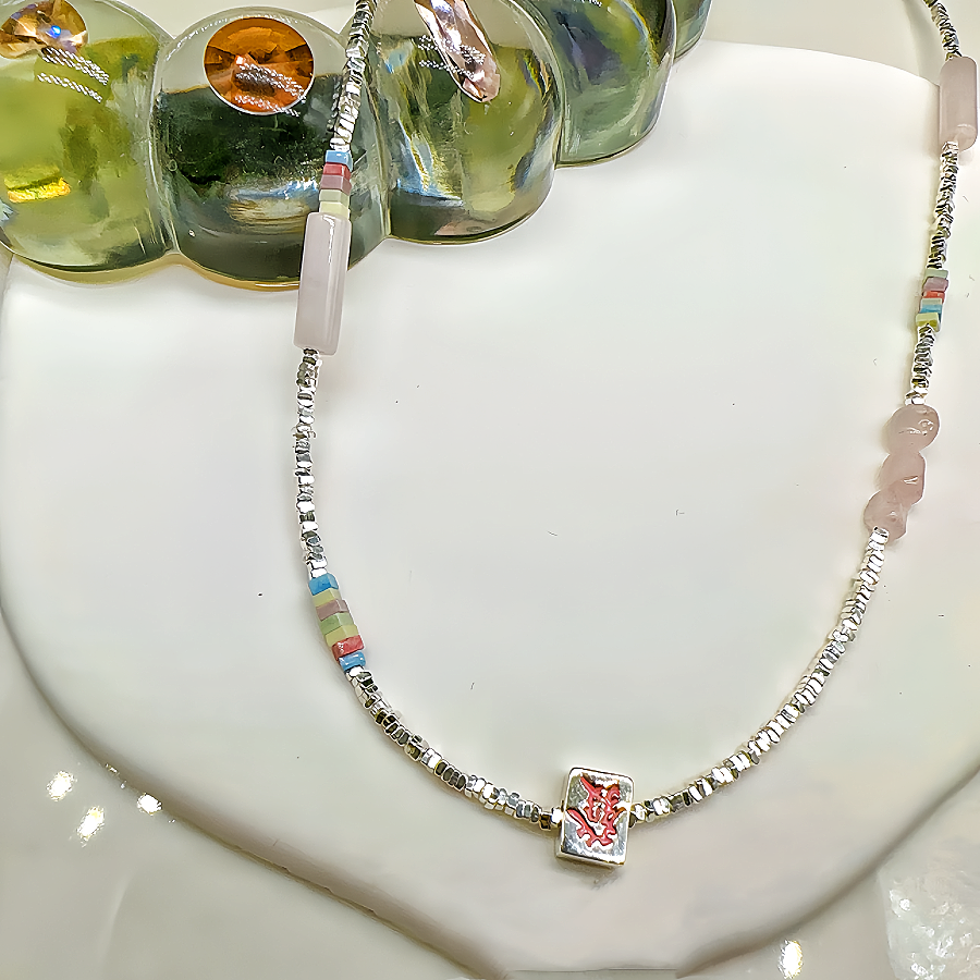 Sterling Silver and Pink Crystal Necklace Attract Rich & Luck