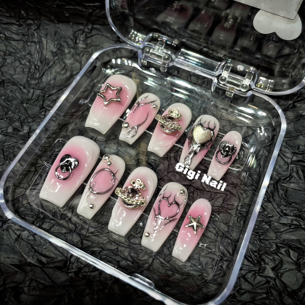 【Custom】Pink 3D Planet & Stars| Airbrush Patch False Nails