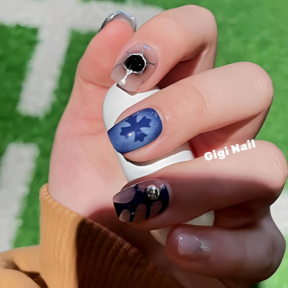 【Custom】 Blue & Brown Chrome Heart False Nails