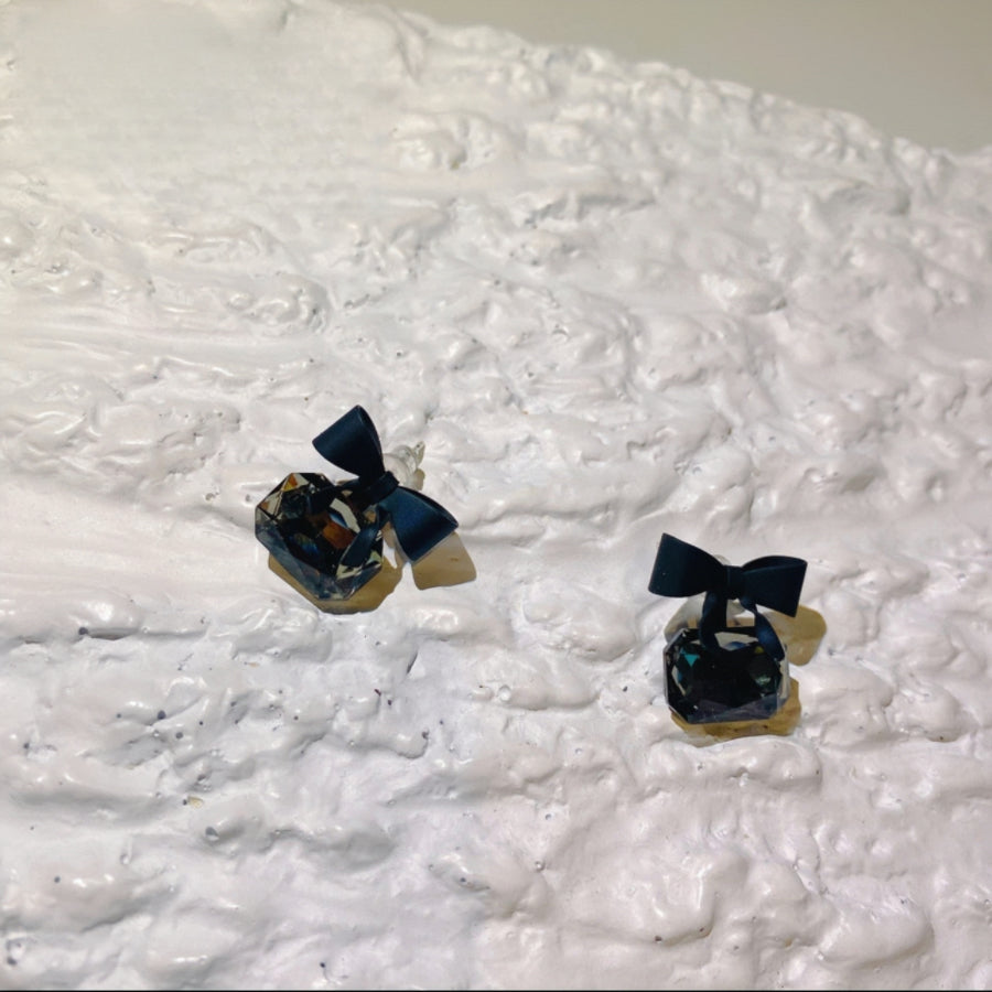 Black Bow and Square Zircon Earrings