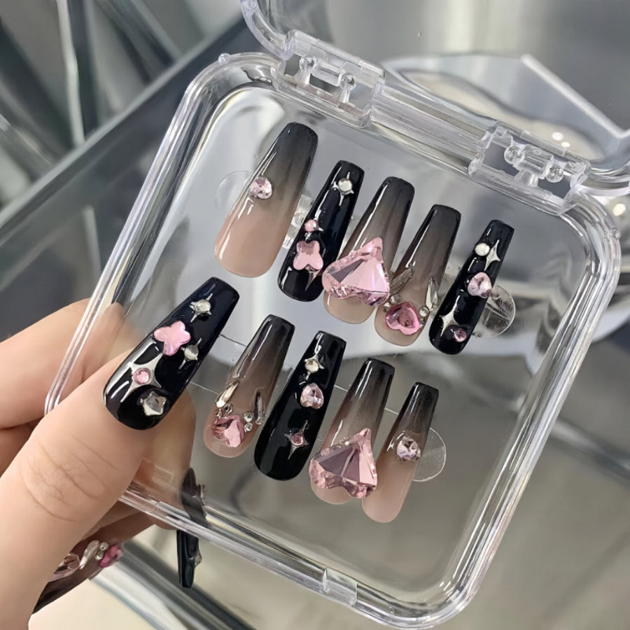 【Hand made】 Black Pink Ombre False Nails