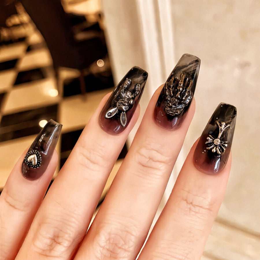 【Hand made】Black Rabbit & Chrome Heart Halloween Press-on nails
