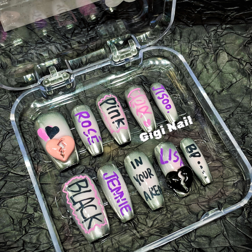 【Custom】 Silver And Black Pink Rose False Nails