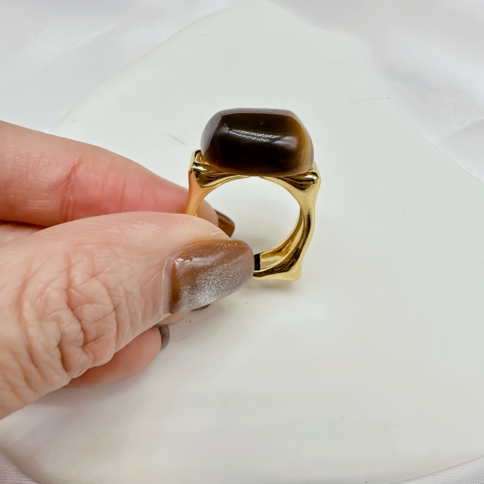 Gold Natural Tiger Eye Open Ring