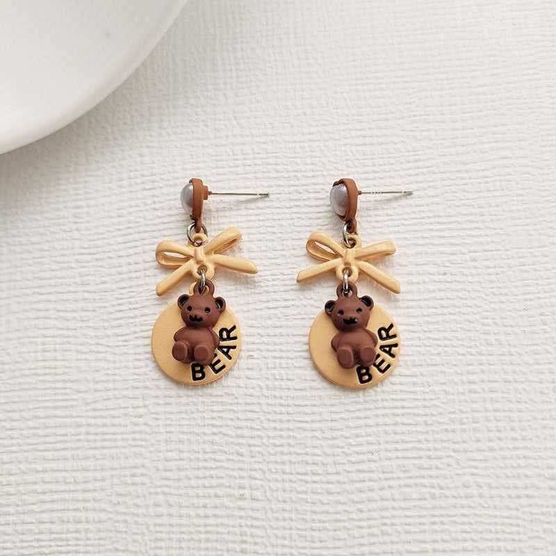 Cute Light Brown Heart Bear Bow Pierced|Clip Earring