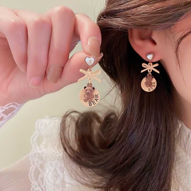 Cute Light Brown Heart Bear Bow Pierced|Clip Earring