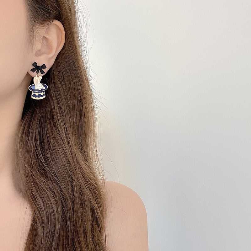 Cute Black Bow Rabbit Baked Finish Pierced|Clip Earring