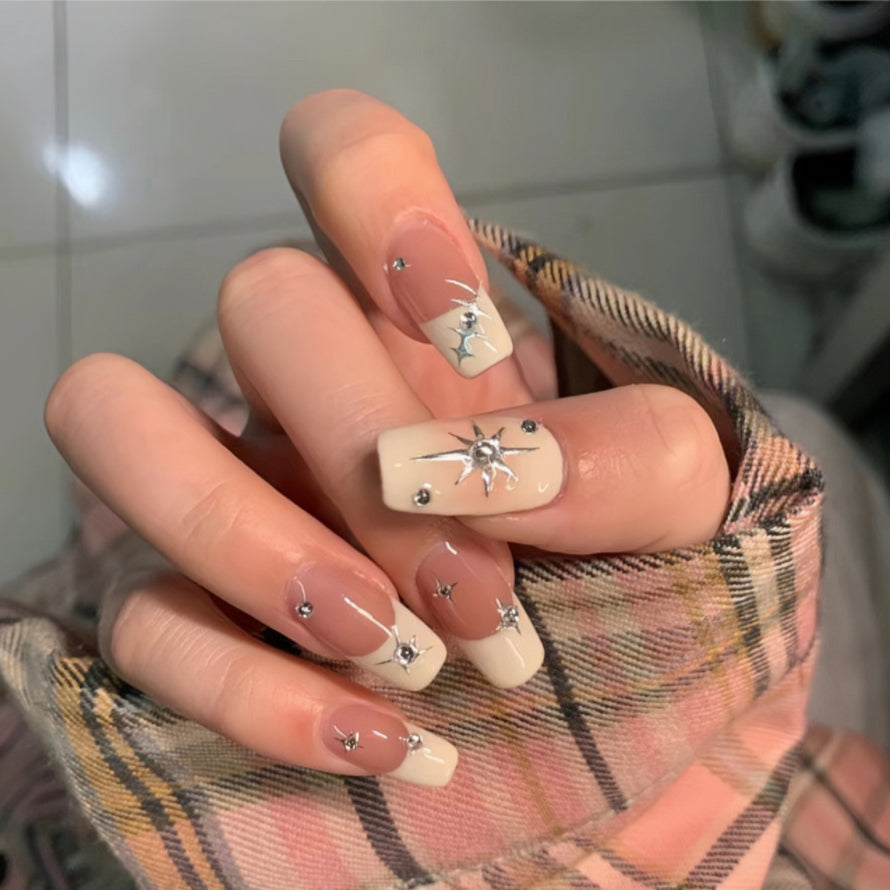 【Hand made】 French Style Starry Diamond Handmade Press On Nails
