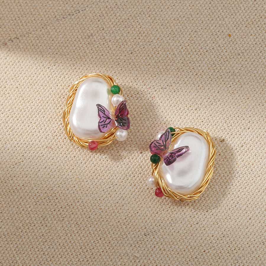 Purple Butterfly Charm Round FAUX Pearl Stud Earring