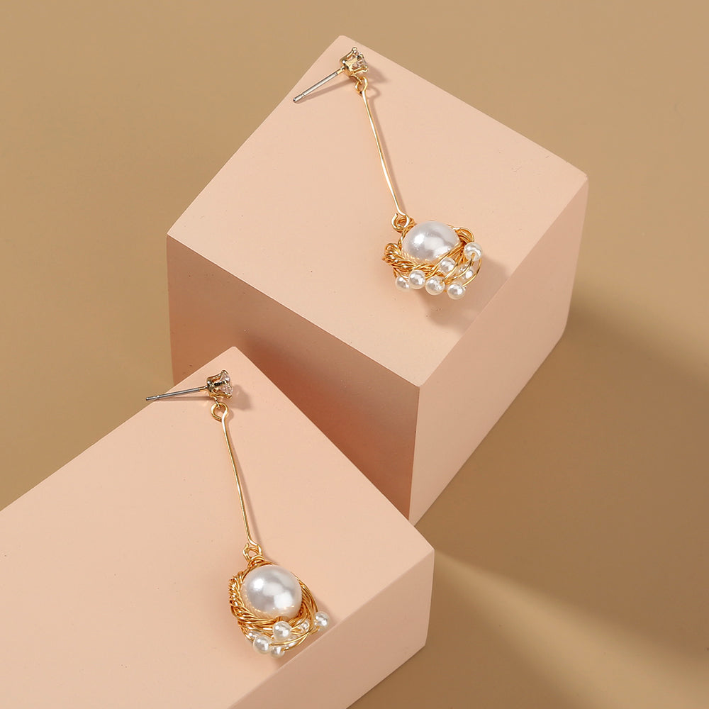 Gold Winding Charm FAUX Pearl Drop Earrings