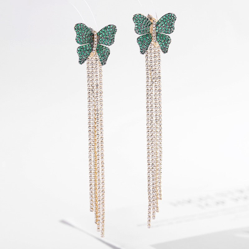 Zircon Inlaid Double Colors Butterfly Long Tassel Earrings