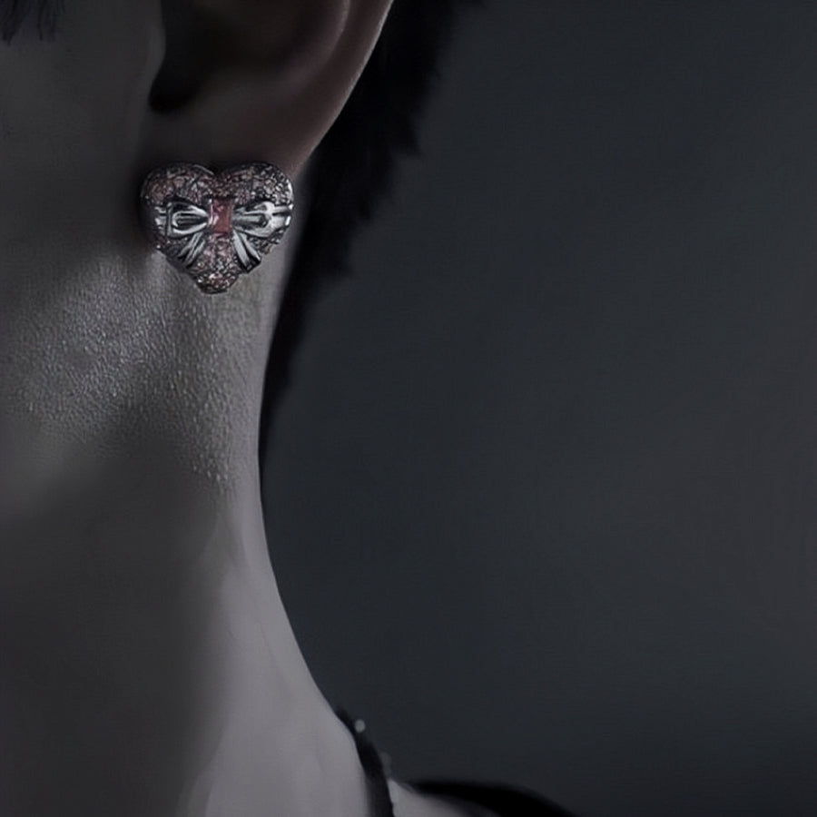 Heart Earrings with Pink Zircon & Bow Decor
