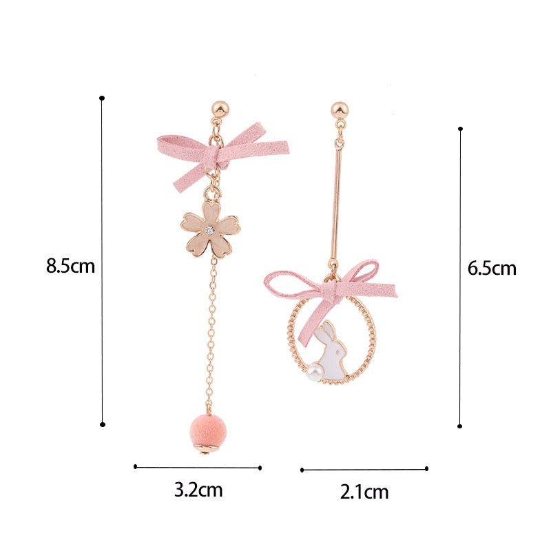 Pink Flower Bow & Cute Rabbit Asymmetrical Pierced|Clip Earring