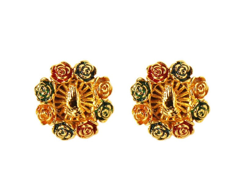 Vintage Dripped Enamel Contrast Color Ruby Flower Pierced Earrings