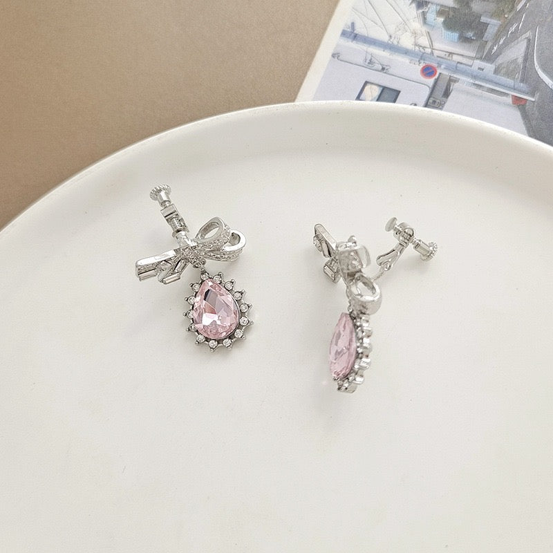 Waterdrop Shaped Zircon & Bow Pierced|Clip Earring