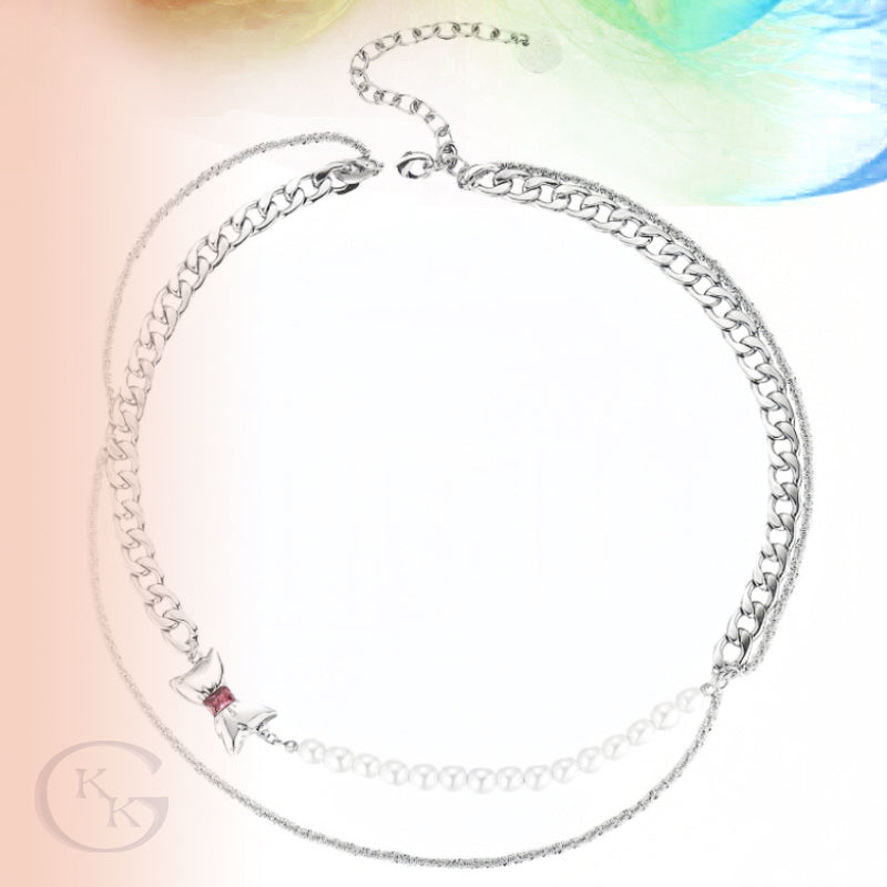 Pink Zircon Inlaid Bows Earrings & Multi-Layer Beaded Necklace Set