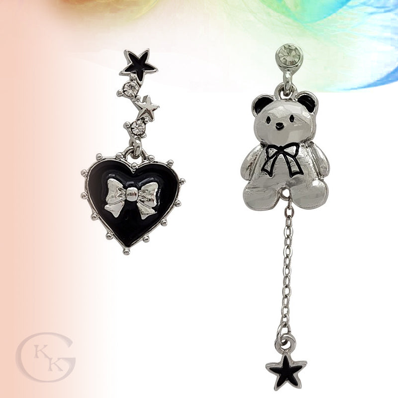 Cute Metal Bear & Heart Asymmetrical Earring