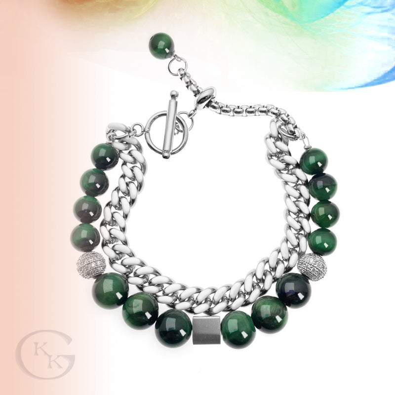 Tiger's Eye Beads Double Layered OT Buckle Cuban Chain Bracelet for Men