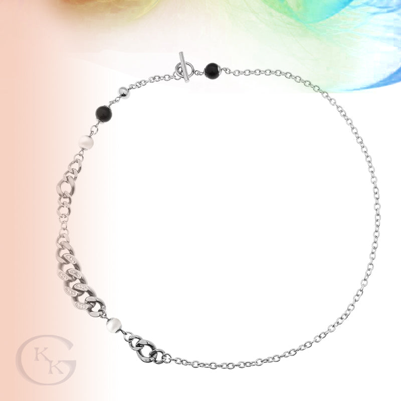 Pearl Diamond Inlaid Titanium Steel Chain OT Buckle Necklace for Men