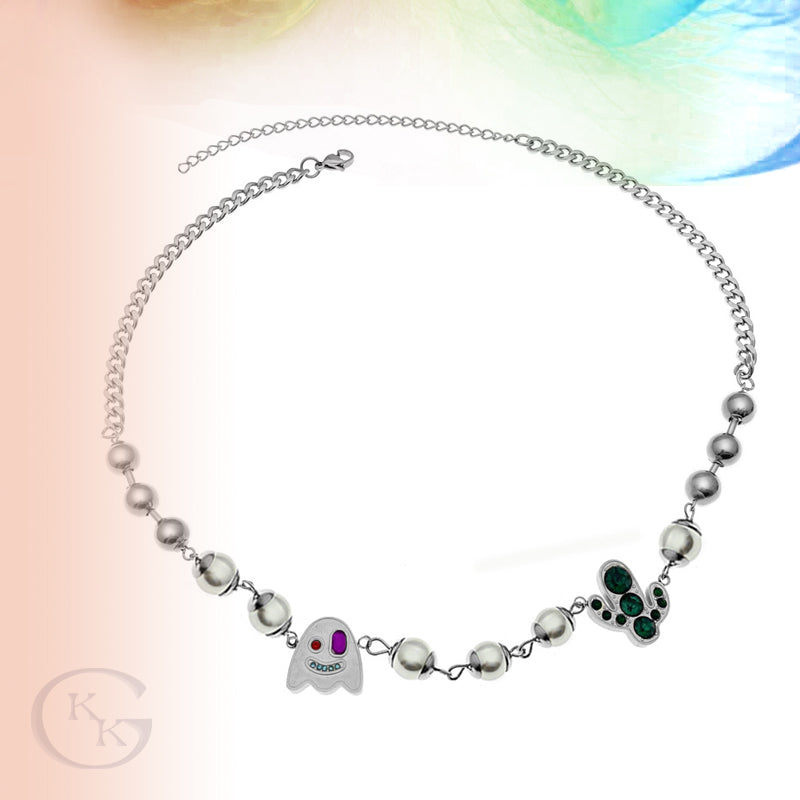 Titanium Steel Chain Ghost & Gem Inlaid Pearl Beaded Necklace for Men