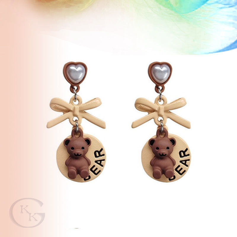 Cute Light Brown Heart Bear Bow Pierced|Clip Earring