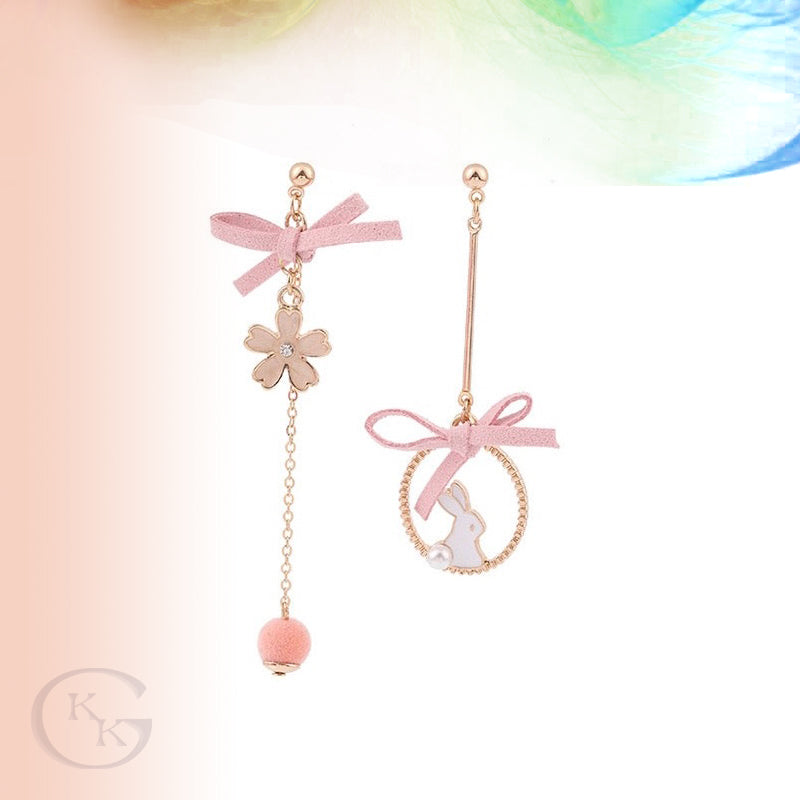 Pink Flower Bow & Cute Rabbit Asymmetrical Pierced|Clip Earring