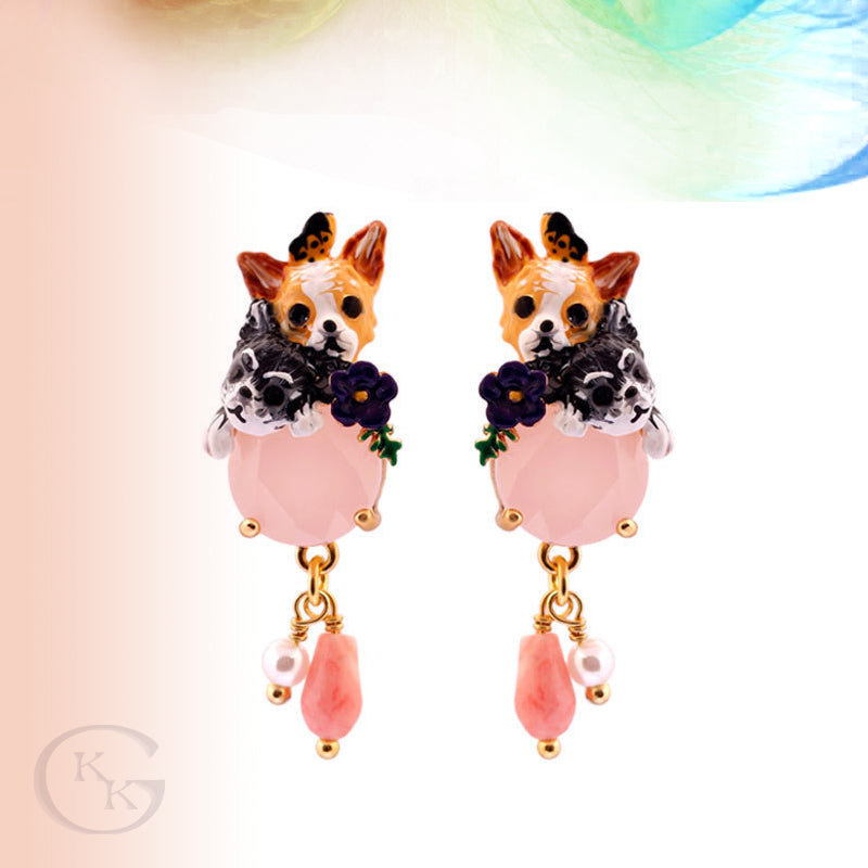 Handmade Chihuahua Enamel Pink Gem Earrings