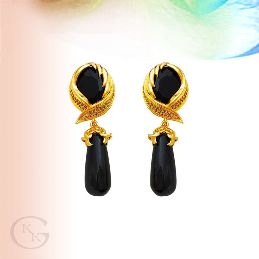 Vintage 925 Silver Needle Zircon Black Long Drop Earring