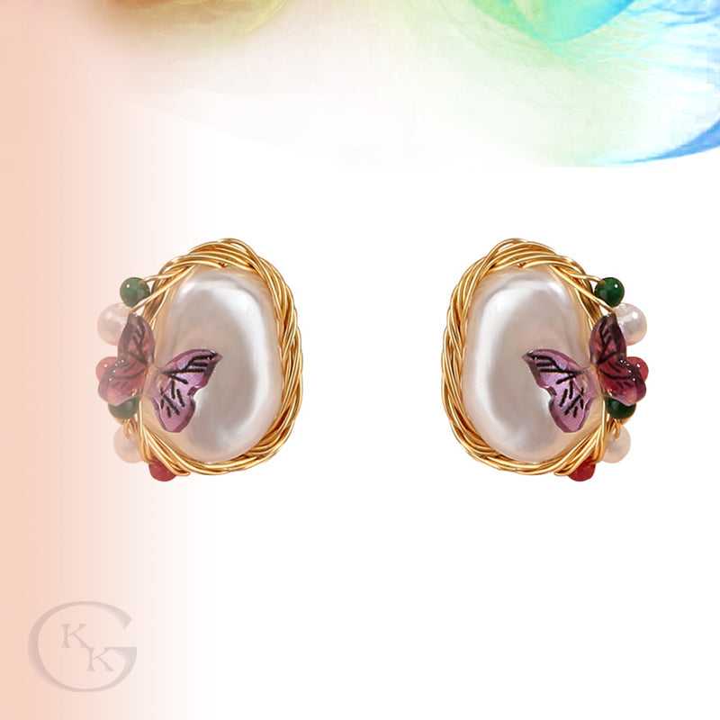 Purple Butterfly Charm Round FAUX Pearl Stud Earring