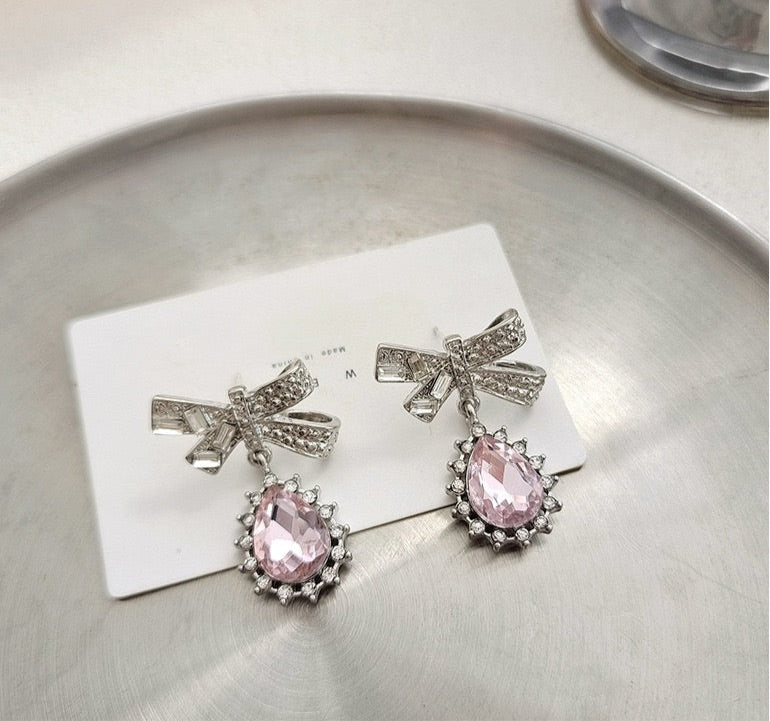 Waterdrop Shaped Zircon & Bow Pierced|Clip Earring