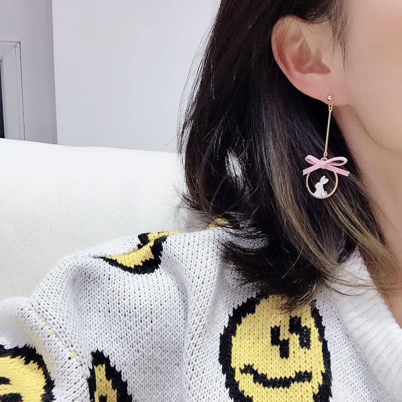Pink Flower Bow & Cute Rabbit Asymmetrical Pierced|Clip Earring