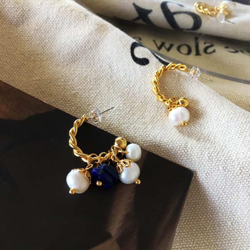 Vintage Copper Real Gold Plated Natural Stone & Pearl Asymmetrical Earring