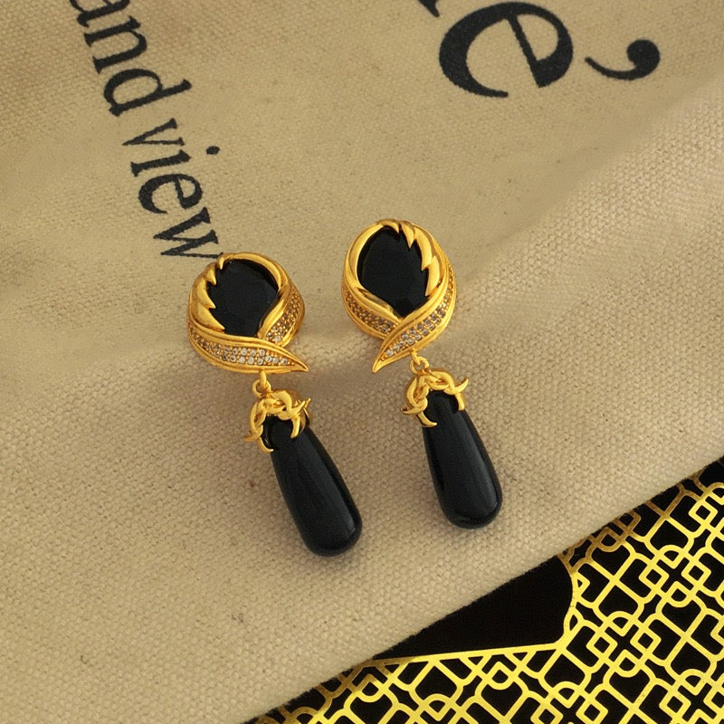 Vintage 925 Silver Needle Zircon Black Long Drop Earring