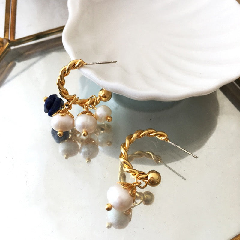 Vintage Copper Real Gold Plated Natural Stone & Pearl Asymmetrical Earring