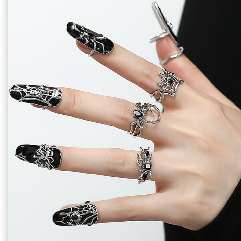 Silver Black Spider|Fingertip Ring|Open Adjustable Ring| Knuckle Ring|