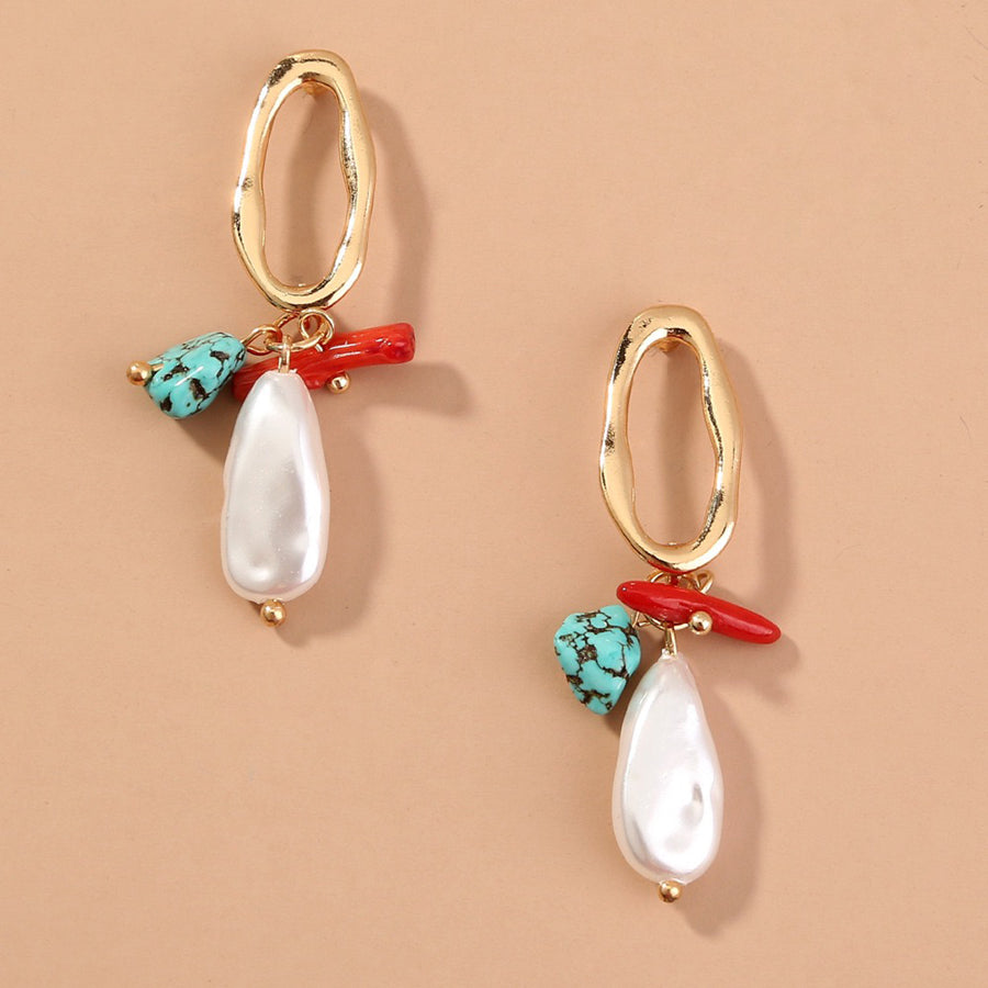 Natural Turquoise & Coral Stone Drop Earrings