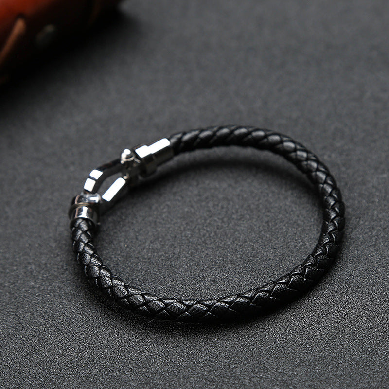 Three Colors Stainless Steel & Genuine Leather Horsebit Bangle Bracelet