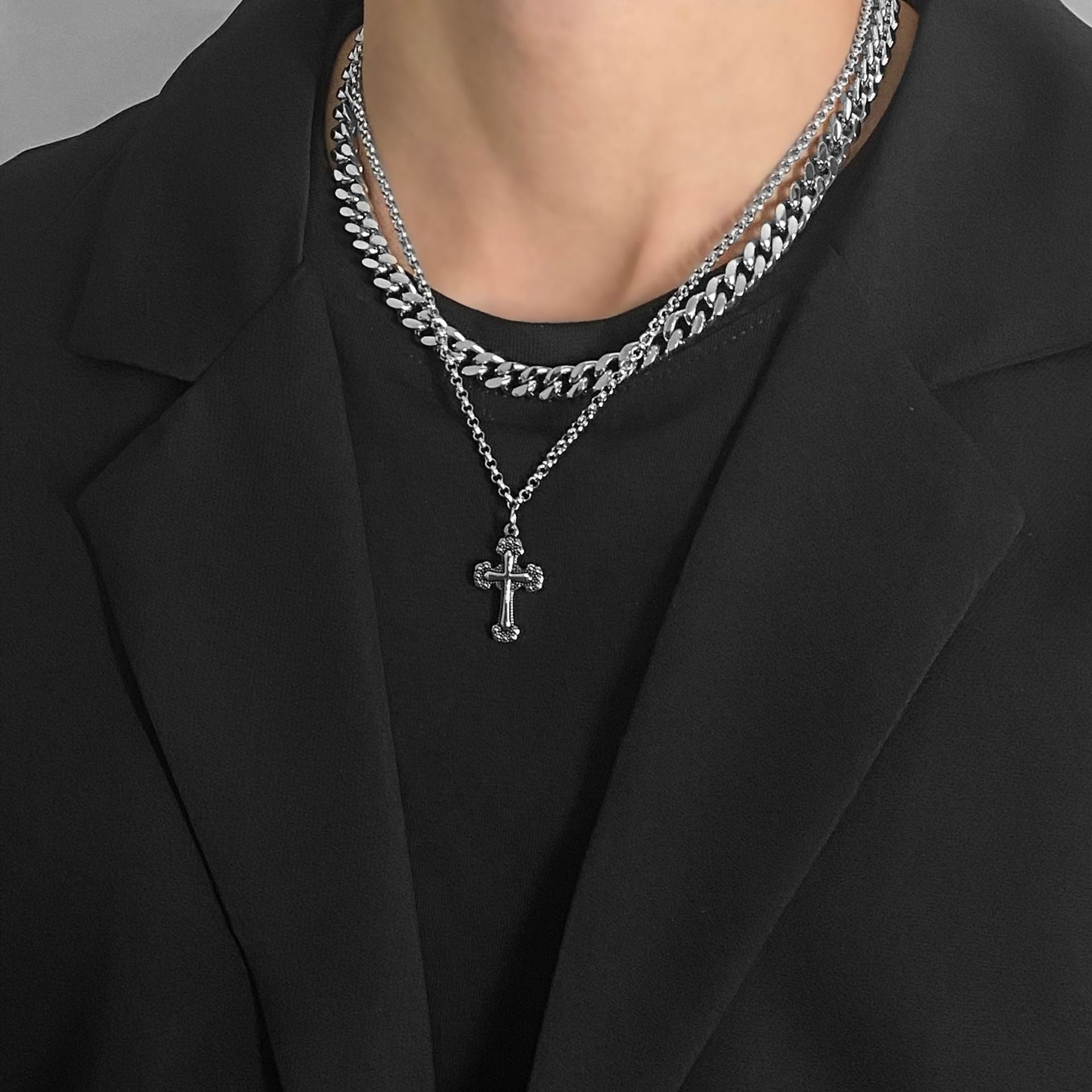 Titanium Steel Carved Cross Double Layered Pendant Necklace for Men