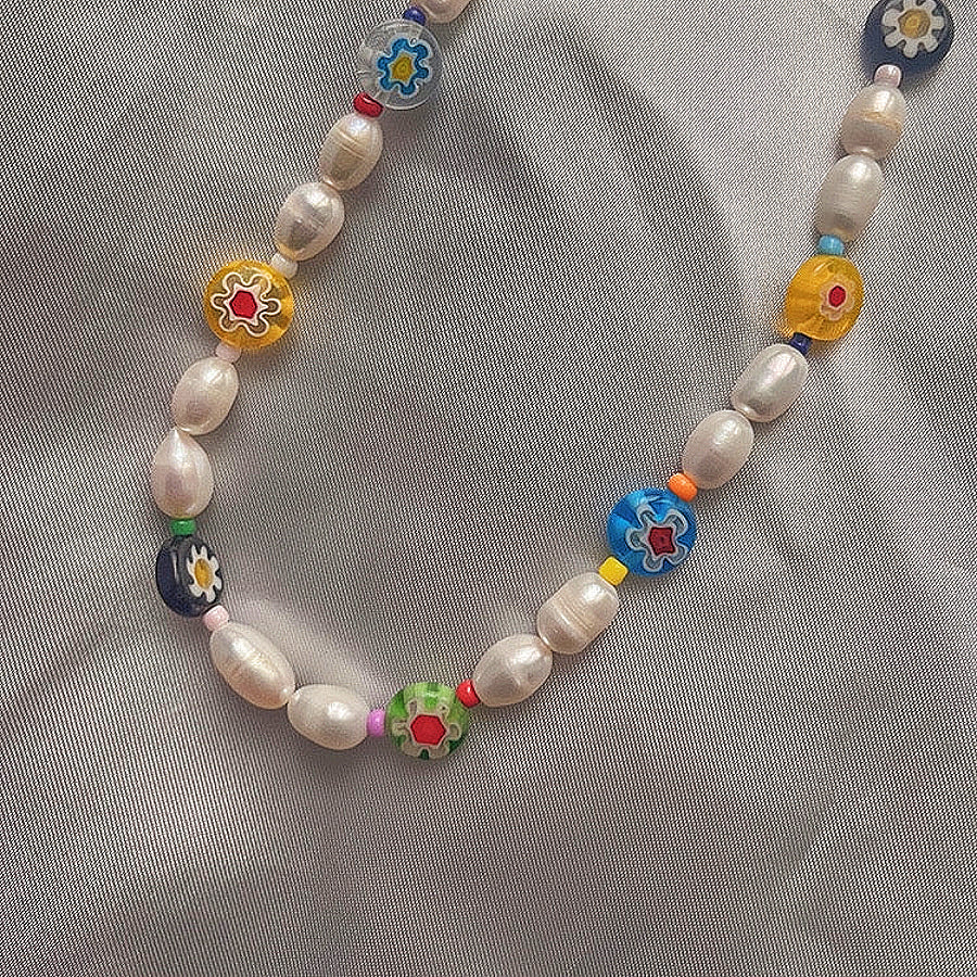 18k Gold Bohemian Natural Freshwater Pearl & Colored Glaze Necklace