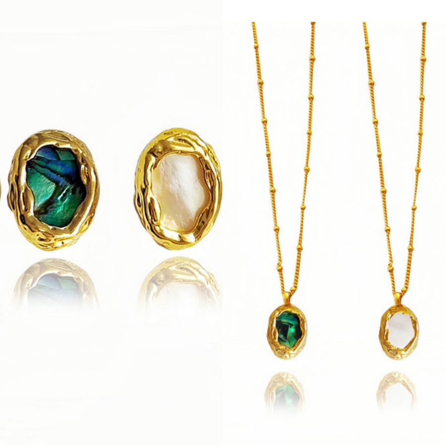 Vintage Real Gold Plated Copper Shell Earrings & Pendant Set