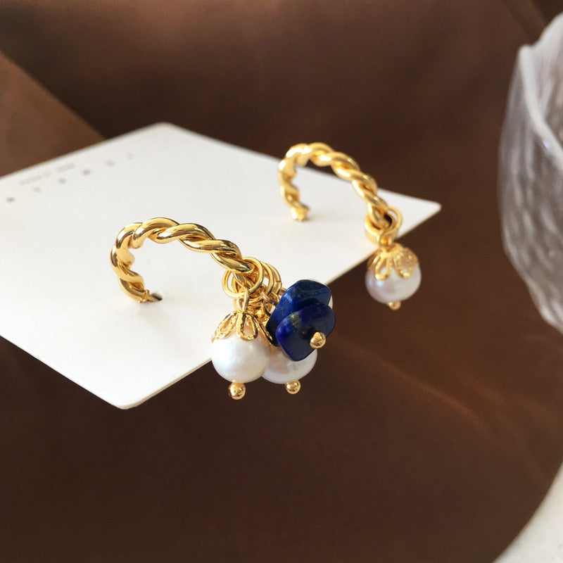 Vintage Copper Real Gold Plated Natural Stone & Pearl Asymmetrical Earring