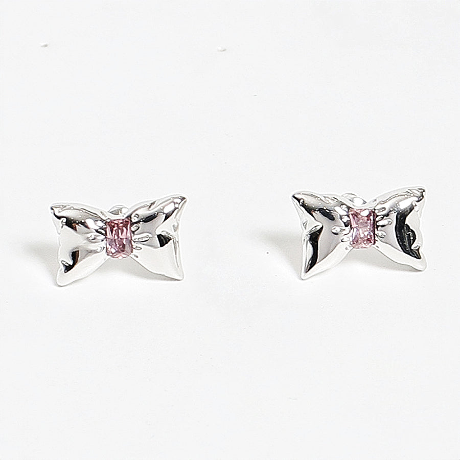 Pink Zircon Inlaid Bows Earrings & Multi-Layer Beaded Necklace Set